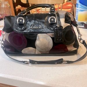 Coach bag gray green and purple with black leather straps